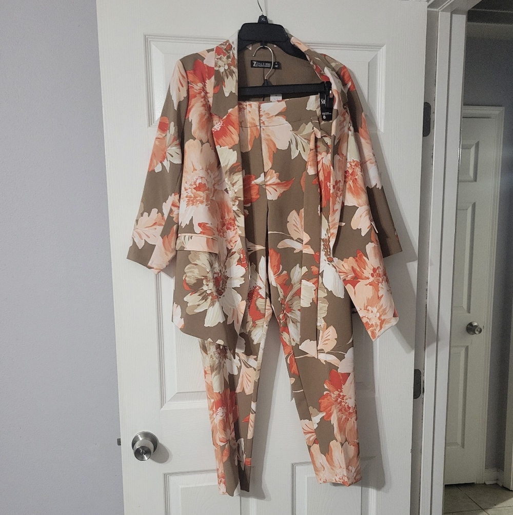 New York & Company Floral Pantsuit in Brown and Coral